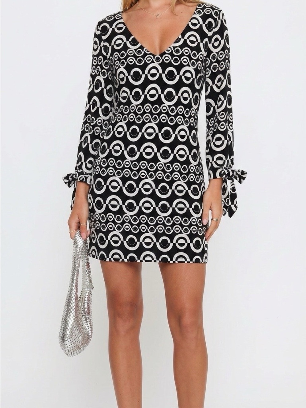 Joseph Ribkoff Black and White Geometric V-Neck Midi Dress with Tie Sleeves